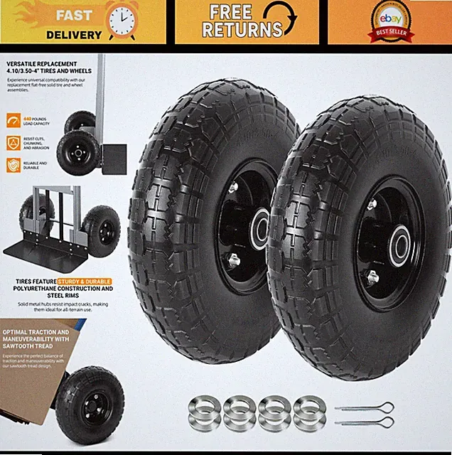 10" Solid Flat-Free Tires 4.10/3.50-4 for Hand Trucks, Wheelbarrows & Carts - 2