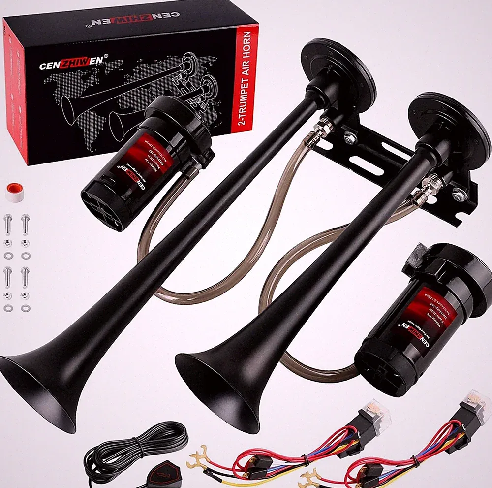 Dual 2-Trumpet Metal Air Horn for Truck Kit with 2 Air Compressors,12V 150Db Ult