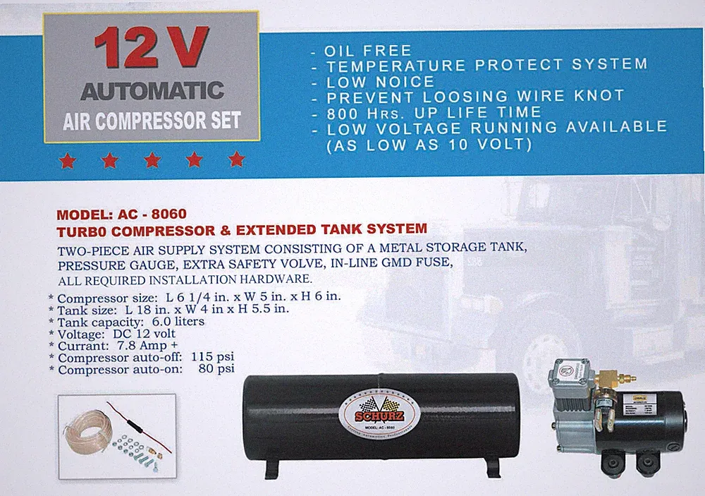 HEAVY DUTY 12V DC TRUCK PICKUP ON BOARD AIR COMPRESSOR WITH 6.0 LITER TANK